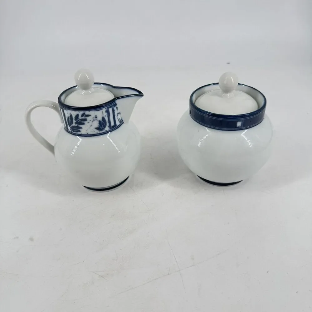 Dansk Ceylon Creamer & Lidded Sugar Bowl Set Blue White Japan